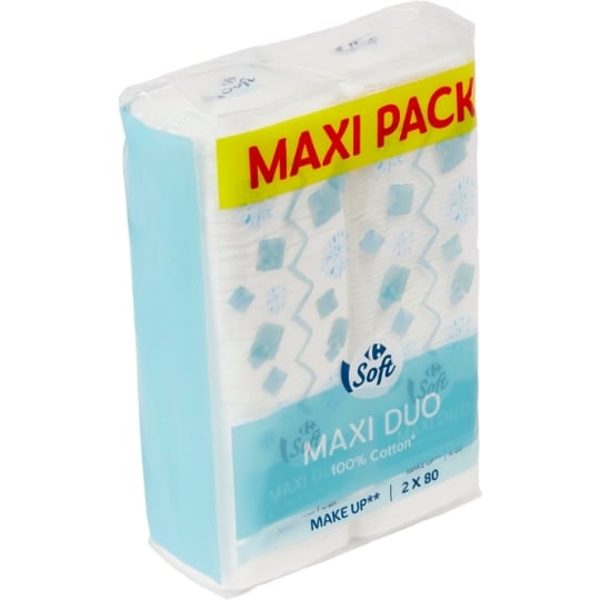 Carrés à démaquiller 100% Coton, Maxi et Deux faces CARREFOUR SOFT